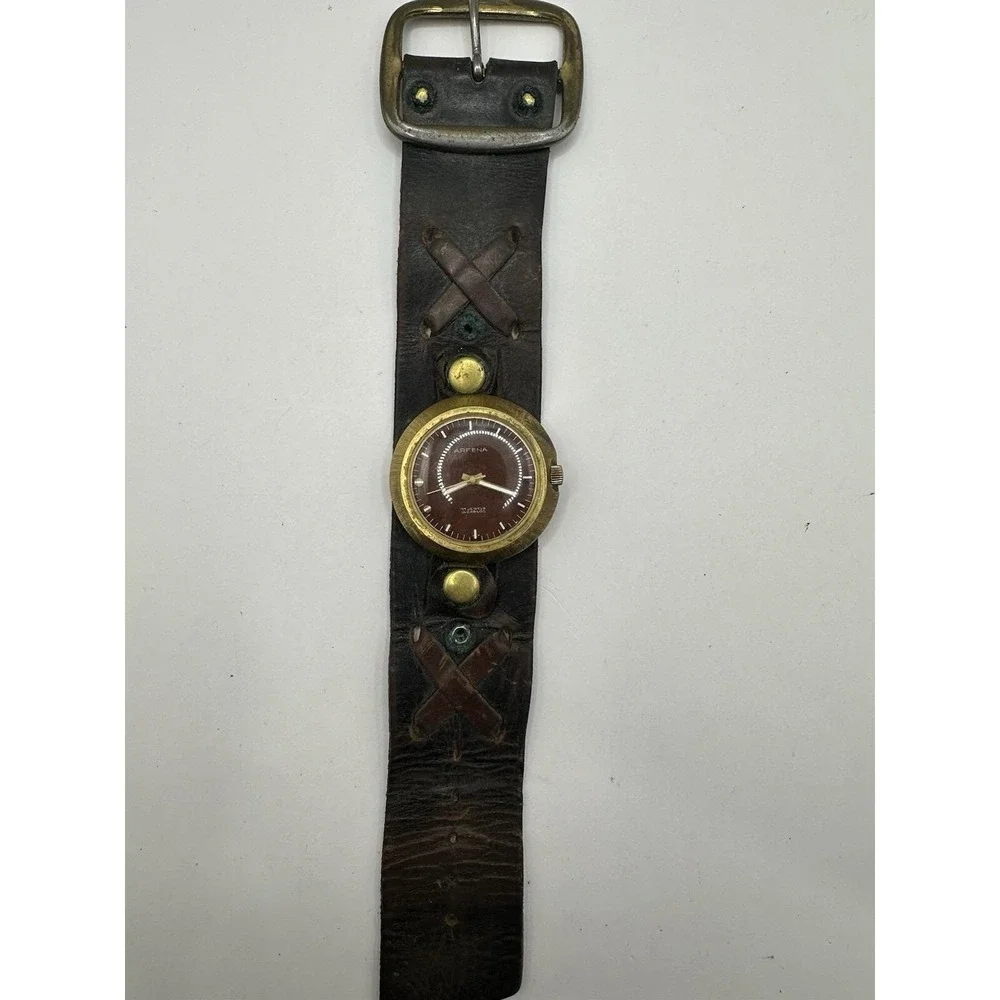 Arfena Vintage Watch Mens Manual‎ Wind Not Working Gold Tone Leather Band 41MM Z